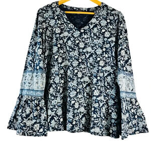 Lucky Brand Blue Floral Bohemian Bell Sleeve Modal Blend V-Neck Blouse Top